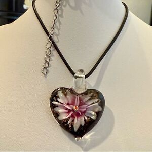 New Blown Glass Floral Heart Necklace Womens Casual Boho Pendant